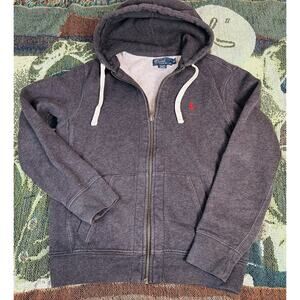 Vtg Polo Ralph Lauren Full Zip Fleece Lined Hoodie In Dark Grey Medium
